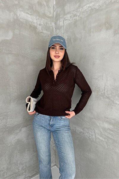 Noi Belis Polo Collar Perforated Half Placket Buttoned Knitwear Blouse Ss26Bz...