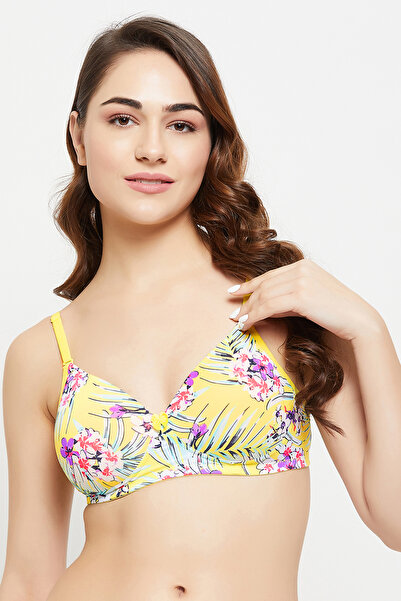 Clovia Padded Non-Wired Full Cup Floral Print Multiway T-shirt Bra in Yellow