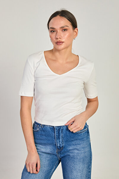 BARRELS AND OIL Women's deep v-neck short sleeve bodysuit - ecru