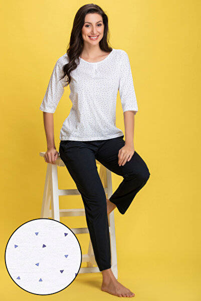 Clovia Polka Print Top & Pyjama Set in White & Navy - Cotton Rich