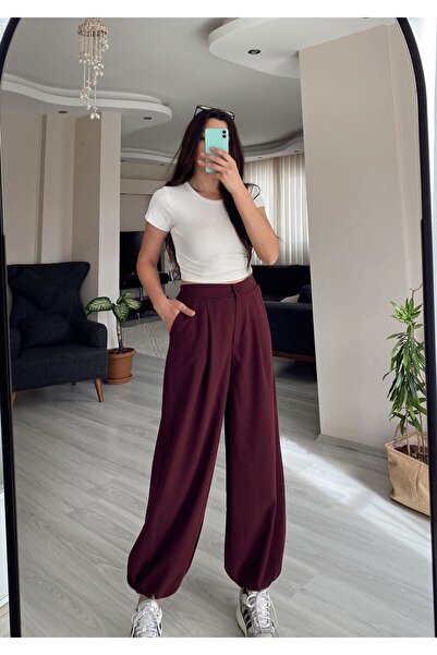 Olbia Butik Kadın Yüksek Bel Paçası Lastikli Şalvar Pantolon