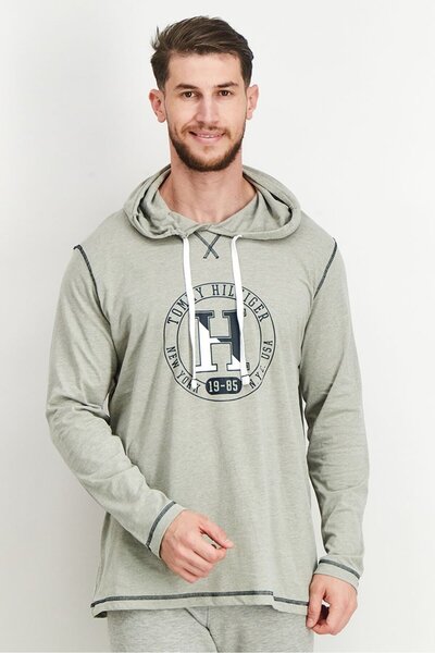 Tommy Hilfiger Men Hood With Drawstring Graphic Long Sleeves Sleepwear, Heath...