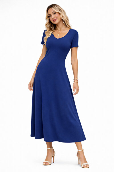 modavingo Women's Navy Blue V-Neck Short Sleeve Soft Touch Long Dress