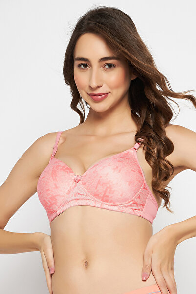 Clovia Padded Non-Wired Full Cup Printed T-shirt Bra in Soft Pink