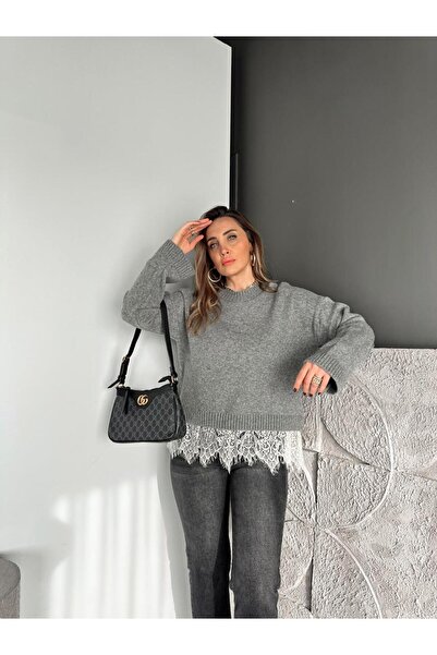 Zerrincan Giyim Gri Eteği Dantelli Kazak