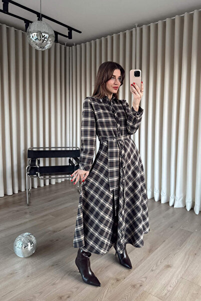 Sue Store Brown Navy Blue Plaid Oversized Belted Maxi Dress