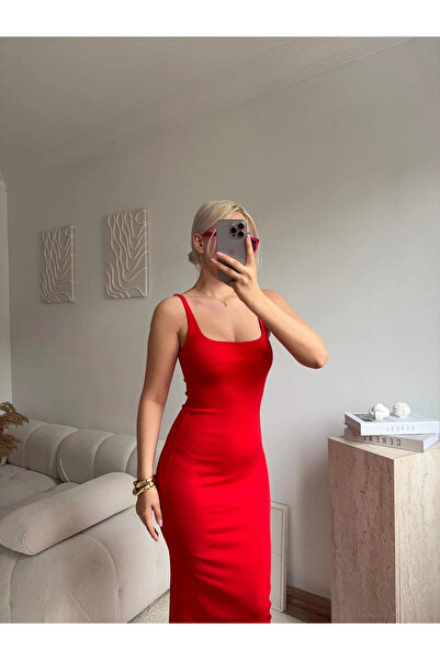 Zora Butik Askılı Kare Yaka Vücuda Oturan Midi Elbise - KIRMIZI