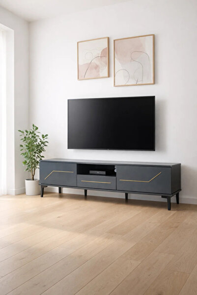 MARIA HOMES Dark Grey TV Stand – 180x40x45 cm Modern Plasma Table with Cabine...