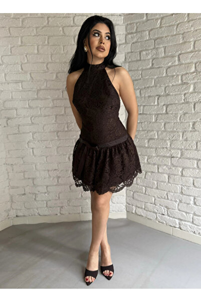 moneta boutique Women Halter Neck Backless Lace Design Mini Dress