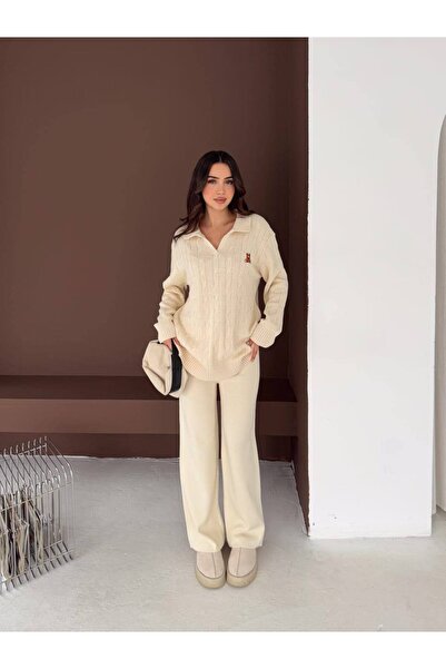 FORMO Women's Polo Collar Teddy Bear Embroidered Hair Knit Textured Knitwear Set