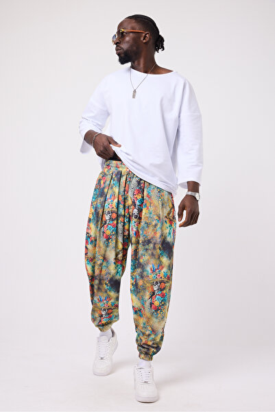 Superbluemexico Unisex Street Style Printed Wrinkled Sports Baggy Trousers