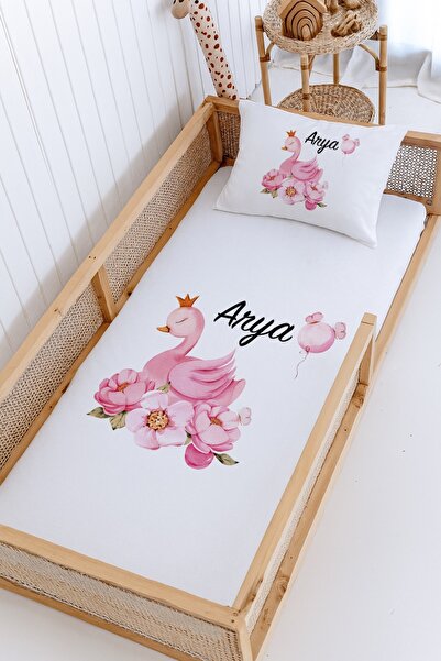 Lilabio %100 Pamuk İsme Özel Montessori Yatak Pike Seti 100x200 Pembe Kuğu
