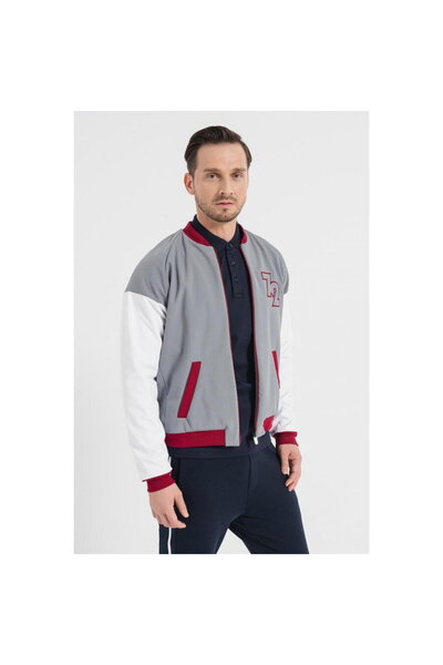 Pegas Gray Burgundy Bomber Jacket M
