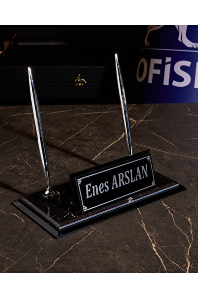 ZB Kristal Masa İsimliği | Siyah Cam – Gümüş Detay | Kişiye Özel