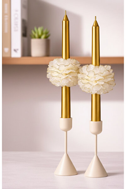 exemum EXEPAZAR (2’lİ) Gold Yaldız Beyaz Şakayık Detaylı Gold Şamdan Mumu – E...