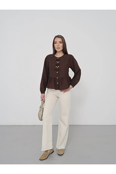 Lusin Women's Bitter Brown Bow Detailed Buttoned Long Sleeve Shirt Blouse
