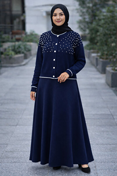 Nursay Navy Blue Pearl Cardigan and Skirt Set