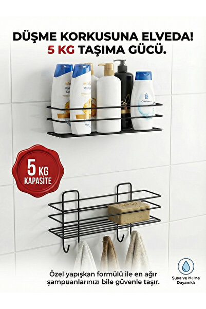 Le Paon 2'li Askılı Banyo Ve Mutfak Rafı Düzenleyici Paslanmaz Siyah Duş Rafı...