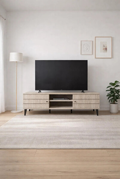 MARIA HOMES Beige TV Stand – 180x40x45 cm Modern Wooden Plasma Table with Dra...