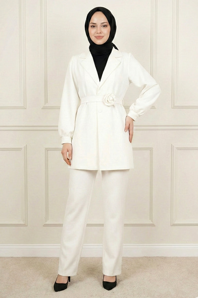 FERHEL Women's Belted Rose Detailed Dabıl Crepe Fabric Jacket and Trousers Se...