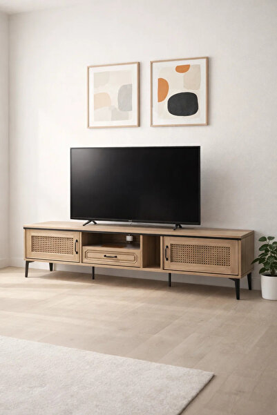 MARIA HOMES Natural Wood TV Stand – 200x40x46 cm Modern Plasma Table with Cab...