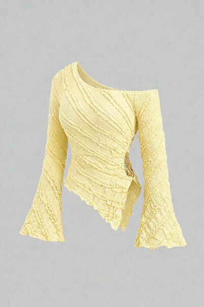 MOONBULL Kadın Fırfır Kumaş Gold Aksesuar Detaylı Kayık Yaka İspanyol Kol Asi...