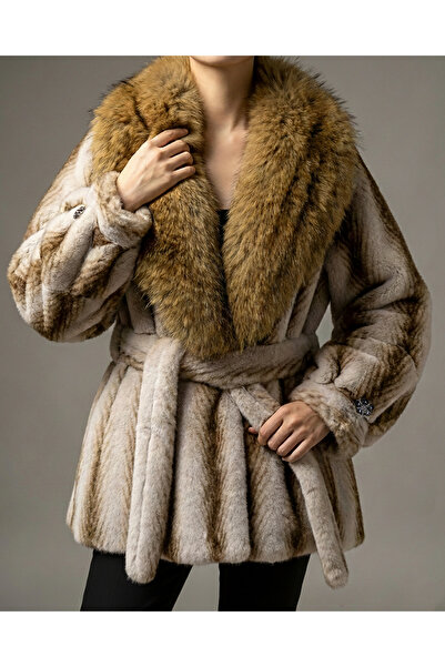 FUREVER FASHION Shawl Collar Raccoon Fur Coat with Belt