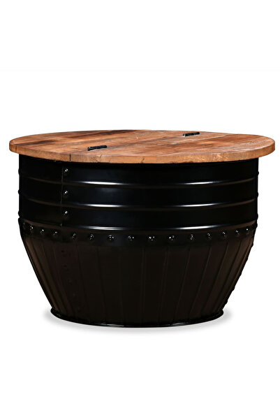 Concept Masă de cafea neagră în formă de butoi, realizată din lemn masiv reci...