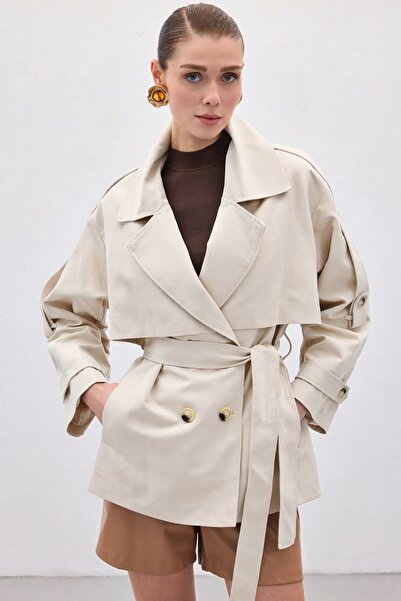 Sateen Short Trench Coat - Stone