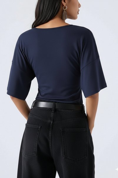 BLUE STREET Women's Navy Blue Bat Sleeve V-Neck Lycra Blouse & T-Shirt