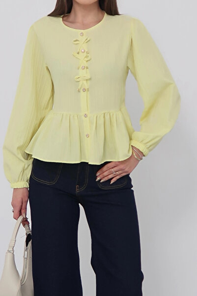Lusin Women's Lemon Yellow Bow Detailed Buttoned Long Sleeve Shirt Blouse