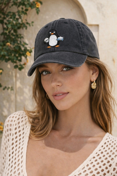Külah Penguin Embroidered Black Unisex Baseball Cap – Washable Vintage Style