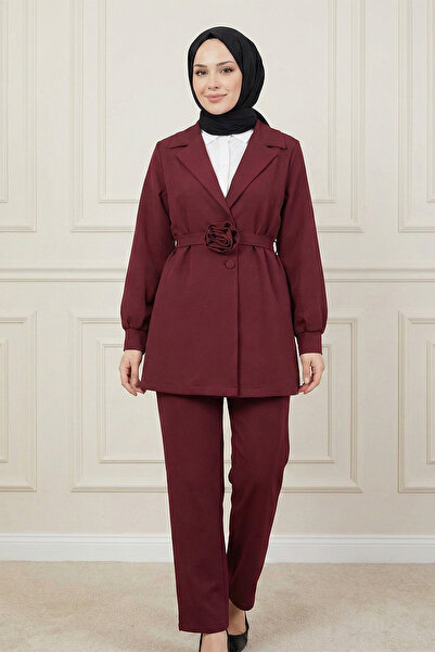 FERHEL Women's Belted Rose Detailed Dabıl Crepe Fabric Jacket and Trousers Se...