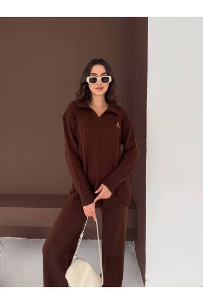 FORMO Women's Polo Collar Teddy Bear Embroidered Hair Knit Textured Knitwear Set