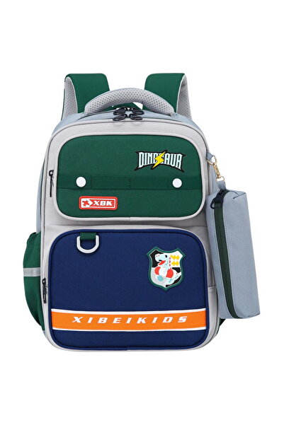 LEAN School backpack with dinosaur motifs and gray pencil case, 16L