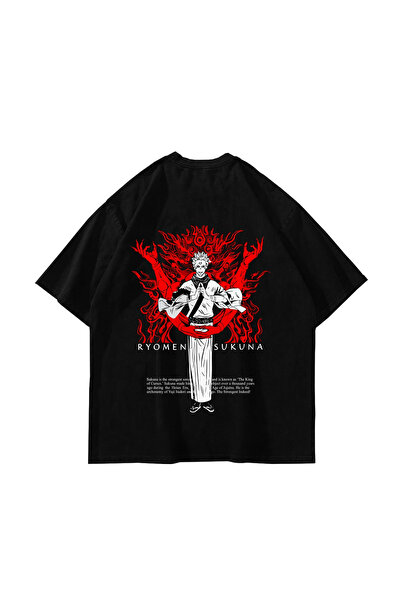 Sekizbiraltı Ryomen Sukuna Baskılı Oversize Unisex Siyah Tshirt