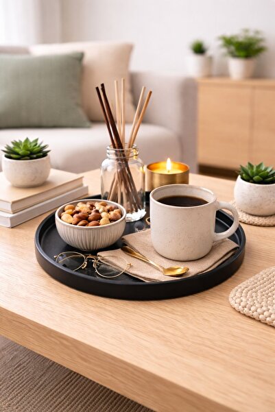 Akanart Studio Black Round Decorative Presentation Tray Minimal Design
