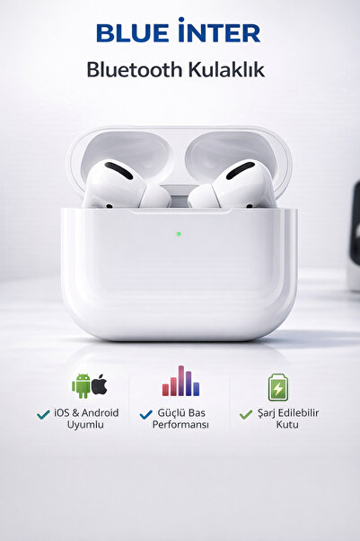 BLUE İNTER PRO2 Kablosuz Bluetooth Kulak İçi Kulaklık Ekstra Bas, HD Arama, Şarj Kutulu + SİYAH KILIF HEDİYE