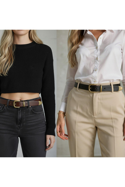 Pino44 2-Piece Genuine Leather Women's Belt with Antique Yellow Buckle and En...