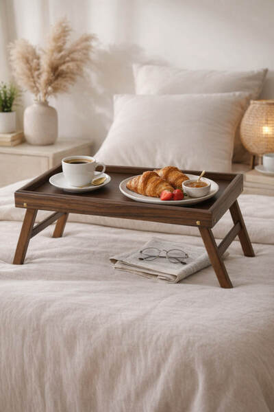 Anadolu Saray Akasya Bambu Katlanır Ayaklı Yatak Tepsisi Tasarım Kahvaltı Sun...