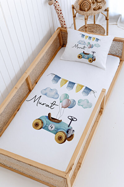 Lilabio %100 Pamuk İsme Özel Montessori Yatak Pike Seti 100x200 Mavi Araba