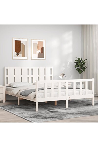 Concept Cadru de pat cu tăblie, alb, lemn masiv, king size 1,5 m