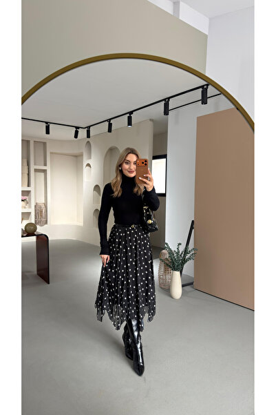 Sezgi Tekin Polka Dot Asymmetrical Black Chiffon Skirt