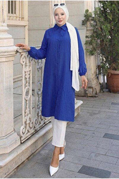 hafsamina Summer Long Cotton Tunic Saks Blue Hm2109
