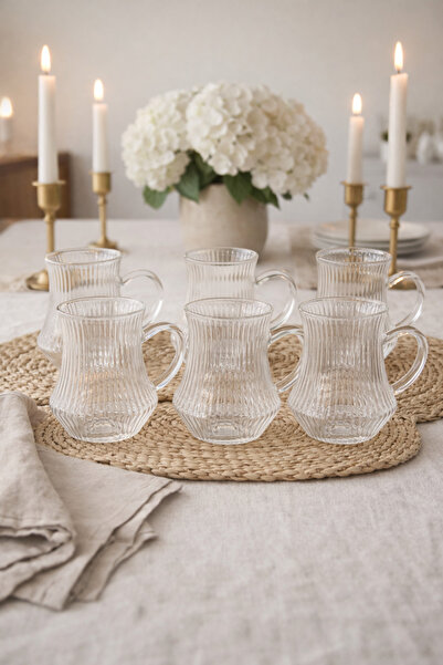 Evila Hafif Borosilikat Cam Çay Bardağı 6’lı Set – Şeffaf Kulplu Modern Tasar...