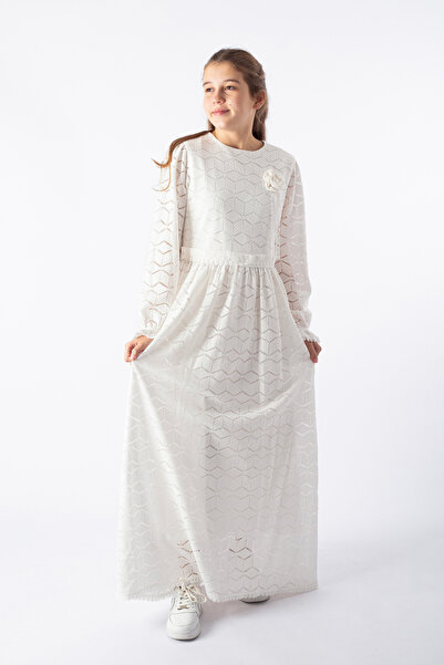 Pafim Girl's Hijab Lace Dress, Young Girl's Guipure Detailed Dress with Elast...