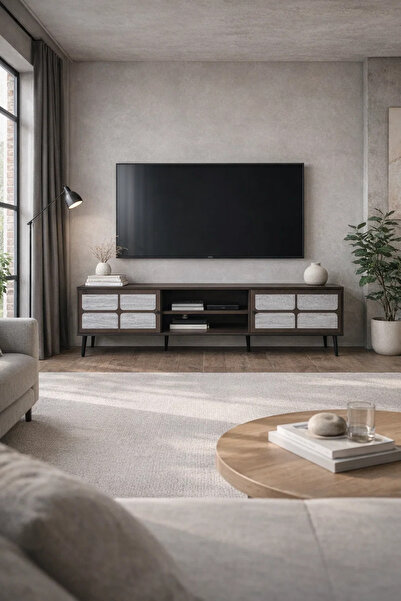 MARIA HOMES Brown & Grey TV Stand – 180x40x45 cm Modern Plasma Table with Cab...