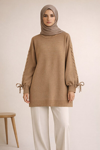 FERHEL Round Neck Knitwear Sweater with Knitted Sleeve Detail - Mink