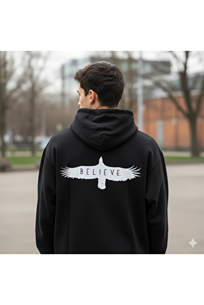 Eritqaa Believe Written Eagle Printed Unisex Hoodie Hooded Sweatshirt