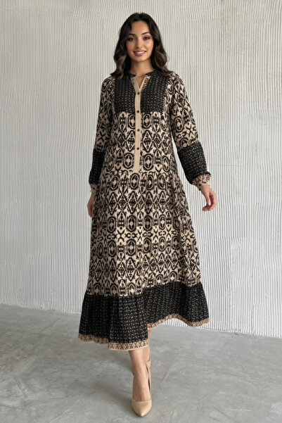 ORCHID Bağcıklı Desenli Viskon Elbise